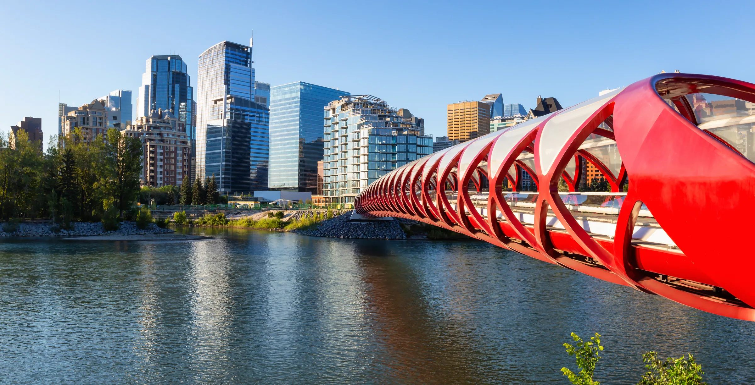 Calgary skyline and Peace Bridge over the Bow River