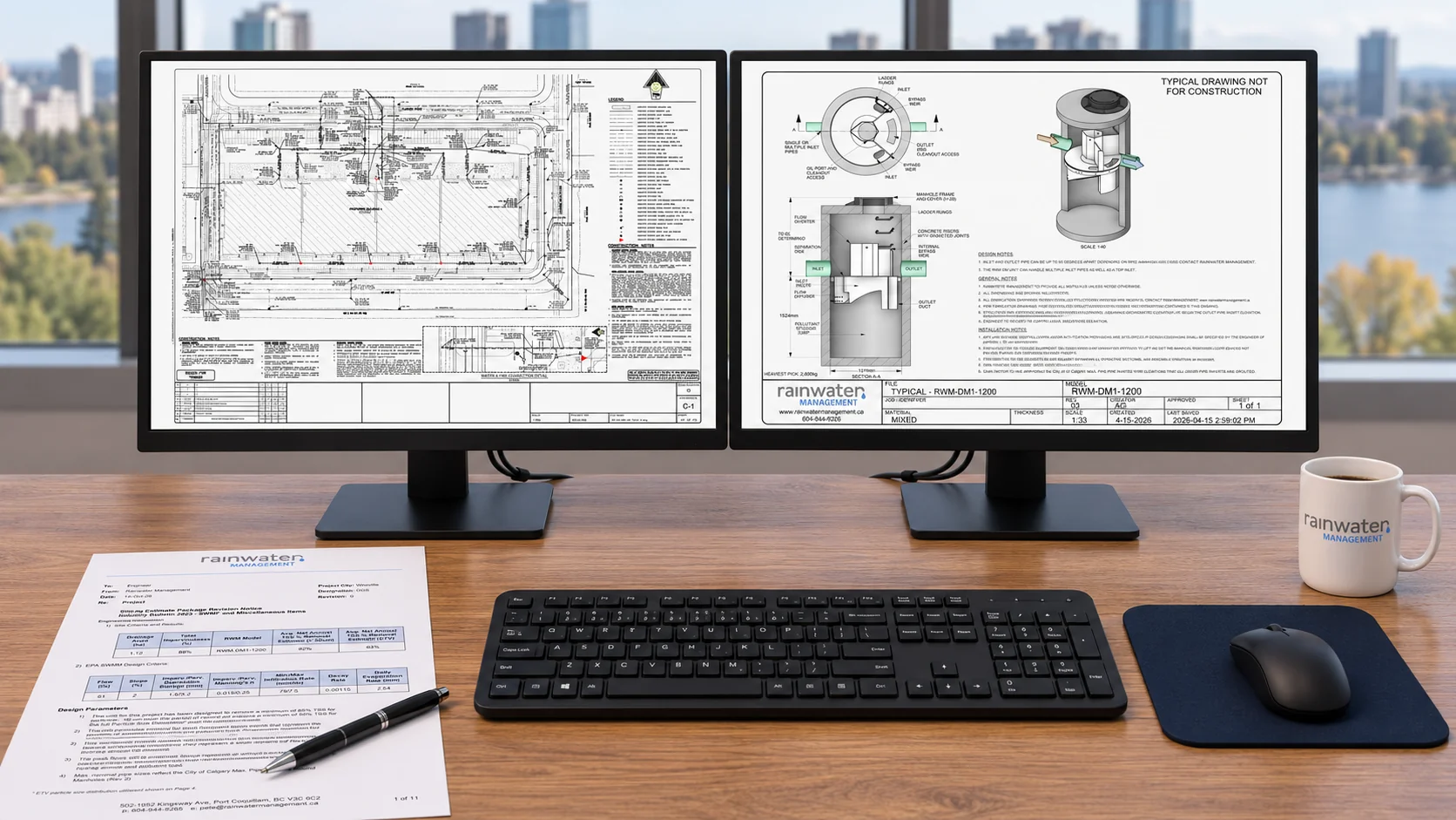 Engineering workstation showing Rainwater Management sizing and technical drawings